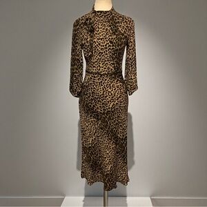 Oasis Leopard Print Tie Neck Midi Dress Size 8 Long Sleeve Back Zip